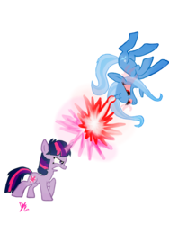 Size: 1600x2133 | Tagged: dead source, safe, artist:daisy-dictator, trixie, twilight sparkle, pony, unicorn, g4, magic duel, alicorn amulet, badass, duo, epic, female, fight, mare, red eyes, simple background, transparent background, unicorn twilight