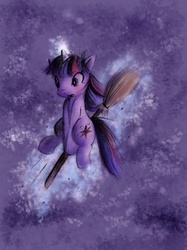 Size: 600x802 | Tagged: safe, artist:butterscotch25, twilight sparkle, pony, g4, blushing, broom, female, flying, flying broomstick, open mouth, sitting, solo