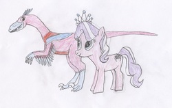 Size: 2549x1613 | Tagged: safe, artist:wesdaaman, diamond tiara, dinosaur, earth pony, feathered dinosaur, pony, velociraptor, g4, chantal strand, colored pencil drawing, crossover, dinosaur train, duo, female, filly, foal, traditional art, valerie velociraptor