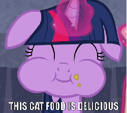 Size: 379x337 | Tagged: safe, edit, edited screencap, screencap, twilight sparkle, pony, unicorn, g4, animated, caption, cute, eating, female, floppy ears, funny, funny as hell, out of context, puffy cheeks, twiabetes, twilight cat, unicorn twilight