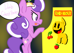 Size: 700x500 | Tagged: safe, artist:emmymew13, screwball, g4, arcade, ask, child of chaos, game, gaming, hat, pac-colt, pac-man, ponified, propeller hat, rule 85, sports, style emulation, swirly eyes, tumblr