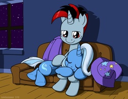 Size: 1650x1276 | Tagged: safe, artist:latecustomer, trixie, oc, g4, canon x oc, couch, sleeping