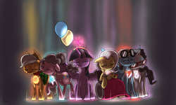 Size: 2000x1200 | Tagged: safe, artist:valcron, applejack, discord, fluttershy, pinkie pie, rainbow dash, rarity, twilight sparkle, alicorn, pony, g4, adventure in the comments, balloon, big crown thingy, elderly, element of generosity, element of harmony, element of honesty, element of kindness, element of laughter, element of loyalty, element of magic, elements of harmony, female, glasses, good end, mane six, mare, old, older, rarity's glasses, twilight sparkle (alicorn), wheelchair