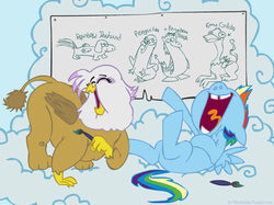 Size: 766x574 | Tagged: safe, artist:brutamod, gilda, rainbow dash, griffon, pegasus, pony, g4, female, filly, graffiti, laughing, lying down, mare, on back, paintbrush, younger