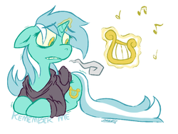 Size: 672x506 | Tagged: dead source, safe, artist:owl-eyes, lyra heartstrings, pony, unicorn, fanfic:background pony, g4, clothes, cold, dig the swell hoodie, female, freezing, hoodie, lyre, magic, music notes, musical instrument, ponies wearing black, sad, simple background, solo, telekinesis, white background