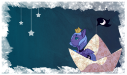 Size: 800x474 | Tagged: safe, artist:drownedcities, princess luna, pony, g4, boat, female, filly, paper, sailing, solo, woona