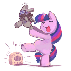 Size: 667x664 | Tagged: safe, artist:ende26, smarty pants, twilight sparkle, pony, unicorn, g4, animated, bipedal, cute, dancing, female, filly, happy, open mouth, radio, twiabetes, two-frame gif