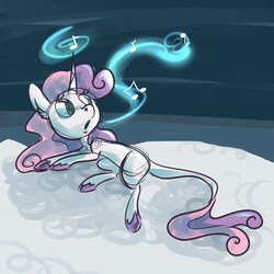 Size: 1000x1000 | Tagged: safe, artist:ponygoggles, sweetie belle, classical unicorn, pony, g4, female, glowing, horn, leonine tail, magic, singing, snow, solo