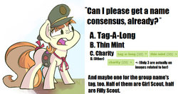 Size: 779x414 | Tagged: safe, tag-a-long, g4, charity, discussion, filly guides, girl scout, meta, text, thin mint