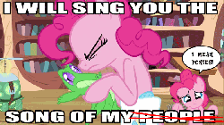 Size: 600x338 | Tagged: safe, edit, edited screencap, screencap, gummy, pinkie pie, g4, animated, fourth wall, image macro, song of my people