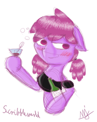 Size: 588x736 | Tagged: safe, artist:scribbleworld, berry punch, berryshine, earth pony, semi-anthro, g4, 30 minute art challenge, alcohol, blushing, drunk, pigtails, solo