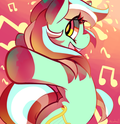 Size: 964x994 | Tagged: safe, artist:mewball, lyra heartstrings, pony, g4, abstract background, bipedal, female, happy, music notes, smiling, solo