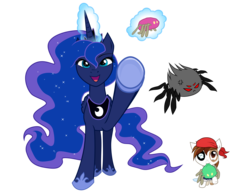 Size: 3300x2550 | Tagged: safe, artist:c-quel, pipsqueak, princess luna, alicorn, earth pony, pony, spider, g4, coat markings, colt, female, male, mare, mouth hold, pinto, pirate costume, simple background, throwing, transparent background, vector