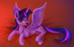 Size: 900x570 | Tagged: safe, artist:mn27, twilight sparkle, alicorn, pony, g4, bed, cute, female, open mouth, smiling, solo, spread wings, twiabetes, twilight sparkle (alicorn), wings