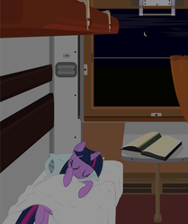 Size: 1033x1233 | Tagged: safe, twilight sparkle, pony, unicorn, g4, bed, blanket, book, cute, eyes closed, female, hooves, horn, lying down, mare, night, pillow, sleeping, solo, soviet union, train, train cabin, window