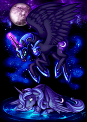 Size: 775x1080 | Tagged: safe, artist:heilos, nightmare moon, princess luna, g4, crying, duality, mare in the moon, moon, s1 luna, space