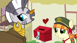 Size: 1280x720 | Tagged: safe, tag-a-long, zecora, earth pony, pony, zebra, g4, just for sidekicks, cloak, clothes, donation box, ear piercing, earring, female, filly, freckles, gem, jewelry, neck rings, piercing, quadrupedal, smiling, thin mint