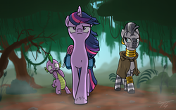Size: 1920x1200 | Tagged: safe, artist:topgull, spike, twilight sparkle, zecora, dragon, pony, unicorn, zebra, g4, awesome, cloak, clothes, everfree forest, expedition, saddle bag