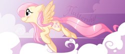 Size: 1360x588 | Tagged: safe, artist:kiki-kit, fluttershy, pegasus, pony, g4, cloud, cloudy, female, flying, mare, solo