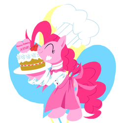 Size: 1000x1000 | Tagged: safe, artist:30clock, pinkie pie, earth pony, pony, g4, apron, cake, chef's hat, clothes, female, hat, pixiv, solo