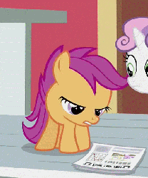 Size: 479x574 | Tagged: safe, screencap, scootaloo, sweetie belle, pony, g4, ponyville confidential, animated, cropped, cute, cutealoo, duo, female, filly, foal, foal free press, mouth hold, newspaper, offscreen character, ponyville schoolhouse, school
