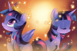 Size: 1002x665 | Tagged: safe, artist:loyaldis, twilight sparkle, alicorn, pony, unicorn, crown, duality, eyes closed, female, jewelry, regalia, twilight sparkle (alicorn), unicorn twilight