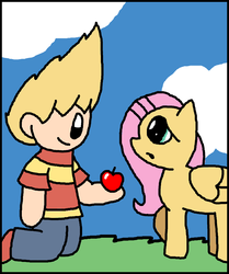 Size: 1513x1809 | Tagged: dead source, safe, artist:kingmunchy, fluttershy, human, pegasus, pony, g4, apple, crossover, duo, human and pony, lucas, mother 3