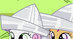Size: 688x366 | Tagged: safe, edit, edited screencap, screencap, pinkie pie, scootaloo, sweetie belle, earth pony, pegasus, pony, g4, ponyville confidential, animated, boat, butt, female, filly, hat, mare, paper hat, papercraft, plot, river, sinking, water