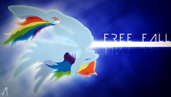 Size: 1920x1080 | Tagged: safe, artist:justaninnocentpony, rainbow dash, pegasus, pony, g4, eyes closed, falling, female, flying, solo, text, upside down, wallpaper