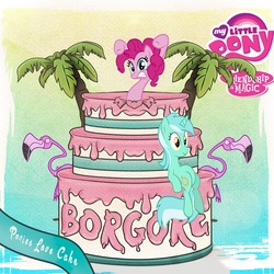 Size: 1000x1000 | Tagged: safe, artist:shadowbolt240z, edit, lyra heartstrings, pinkie pie, flamingo, g4, album cover, cake, palm tree, photoshop, popping out of a cake, sitting lyra, tree