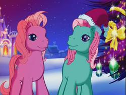 Size: 640x480 | Tagged: safe, screencap, minty, pinkie pie (g3), g3, my little pony: a very minty christmas, celebration castle, christmas, christmas tree, glowing, hat, pink, santa hat, tree, winter