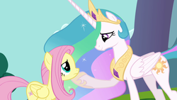 Size: 1280x720 | Tagged: safe, screencap, fluttershy, princess celestia, g4, keep calm and flutter on