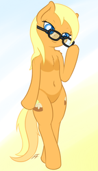 Size: 856x1500 | Tagged: safe, artist:fearingfun, apple cobbler, earth pony, semi-anthro, g4, apple family member, bipedal, chest fluff, female, glasses, gradient background, mare, shoulder fluff, solo, tan lines