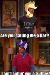 Size: 324x480 | Tagged: safe, applejack, twilight sparkle, earth pony, human, unicorn, g4, barely pony related, drake & josh, drake bell, drake parker, hilarious in hindsight, horn, irl, irl human, josh nichols, josh peck, photo