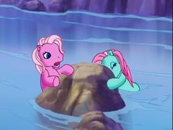 Size: 640x480 | Tagged: safe, screencap, minty, pinkie pie (g3), g3, the runaway rainbow, danger, holding on, river, rock, waterfall