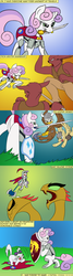 Size: 800x3000 | Tagged: safe, artist:ask-sweetie-knight, opalescence, sweetie belle, bugbear, cat, griffon, hydra, pony, unicorn, g4, armor, axe, butt, comic, knife, mouth hold, multiple heads, plot, shield, sword, tumblr