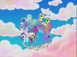 Size: 640x480 | Tagged: safe, screencap, bubble balloon, coconut grove, island delight, lyra shine, scoop smile, skip and along, splash and down, splish splash, thistle whistle, cloud pony, pegasus, pony, friends are never far away, g3, background pony, pegasus promise, tail, tied