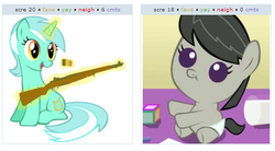 Size: 530x293 | Tagged: safe, lyra heartstrings, octavia melody, derpibooru, g4, exploitable meme, gun, juxtaposition, juxtaposition win, m1 garand, meme, meta, rifle, thumbnails