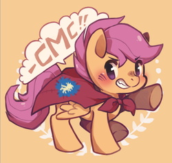 Size: 513x486 | Tagged: safe, artist:mi-eau, scootaloo, pegasus, pony, g4, blushing, cape, clothes, cmc cape, female, filly, foal, grin, gritted teeth, one word, orange background, raised hoof, simple background, smiling, solo, teeth