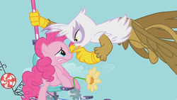 Size: 1280x720 | Tagged: safe, screencap, gilda, pinkie pie, earth pony, griffon, pony, g4, griffon the brush off, season 1, bullying, flying contraption, helicopter, pedalcopter, pinkiecopter, scared