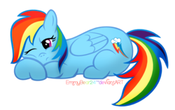 Size: 590x370 | Tagged: safe, artist:emmybear24, rainbow dash, pegasus, pony, g4, chubby, tired