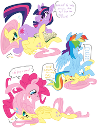 Size: 2451x3234 | Tagged: source needed, safe, artist:elslowmo, artist:purplekecleon, fluttershy, pinkie pie, rainbow dash, twilight sparkle, earth pony, pegasus, pony, unicorn, g4, blushing, book, butt, dialogue, faceful of ass, facesitting, female, flutterseat, lesbian, mare, plot, twidom