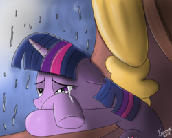 Size: 800x640 | Tagged: safe, artist:ironsocks, twilight sparkle, g4, magical mystery cure, bedroom, crying, library, rain