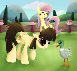 Size: 930x858 | Tagged: safe, artist:vitafluttershy, fluttershy, wild fire, duck, mallard, pegasus, pony, g4, eyes closed, female, fence, mare, ponysona, raised hoof, sibsy, that pony sure does love ducks