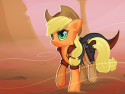 Size: 1964x1480 | Tagged: safe, artist:i-am-knot, applejack, earth pony, pony, g4, badge, clothes, coat, female, gun, solo, spurs, weapon, wind