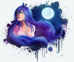 Size: 1000x837 | Tagged: safe, artist:songoftheshoebox, princess luna, human, g4, cleavage, female, humanized, moon, solo