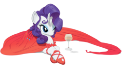 Size: 2000x1125 | Tagged: safe, artist:sunibee, artist:yanoda, edit, rarity, pony, unicorn, g4, alcohol, clothes, dress, female, lying down, one eye closed, prone, recolor, red dress, simple background, solo, transparent background, vector, wine, wink