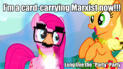 Size: 1258x709 | Tagged: safe, edit, edited screencap, screencap, applejack, pinkie pie, g4, caption, communism, glasses, groucho marx, groucho mask, hilarious in hindsight, marxist, pinkamena diane pie, swapped cutie marks, this will end in cupcakes