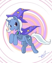 Size: 500x600 | Tagged: dead source, safe, artist:dexhaiken, trixie, pony, g4, abstract background, cape, clothes, female, hat, solo, trixie's cape, trixie's hat