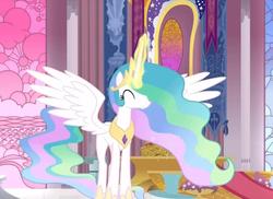 Size: 1186x865 | Tagged: safe, screencap, princess celestia, alicorn, pony, g4, eyes closed, female, happy, mare, solo, spread wings, wings